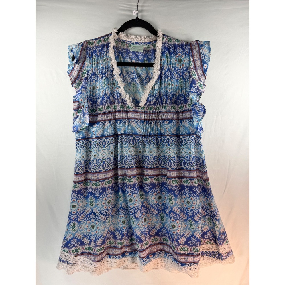 True Destinations Blue Boho Cotton Lace Trim Boho Mini Dress XS India